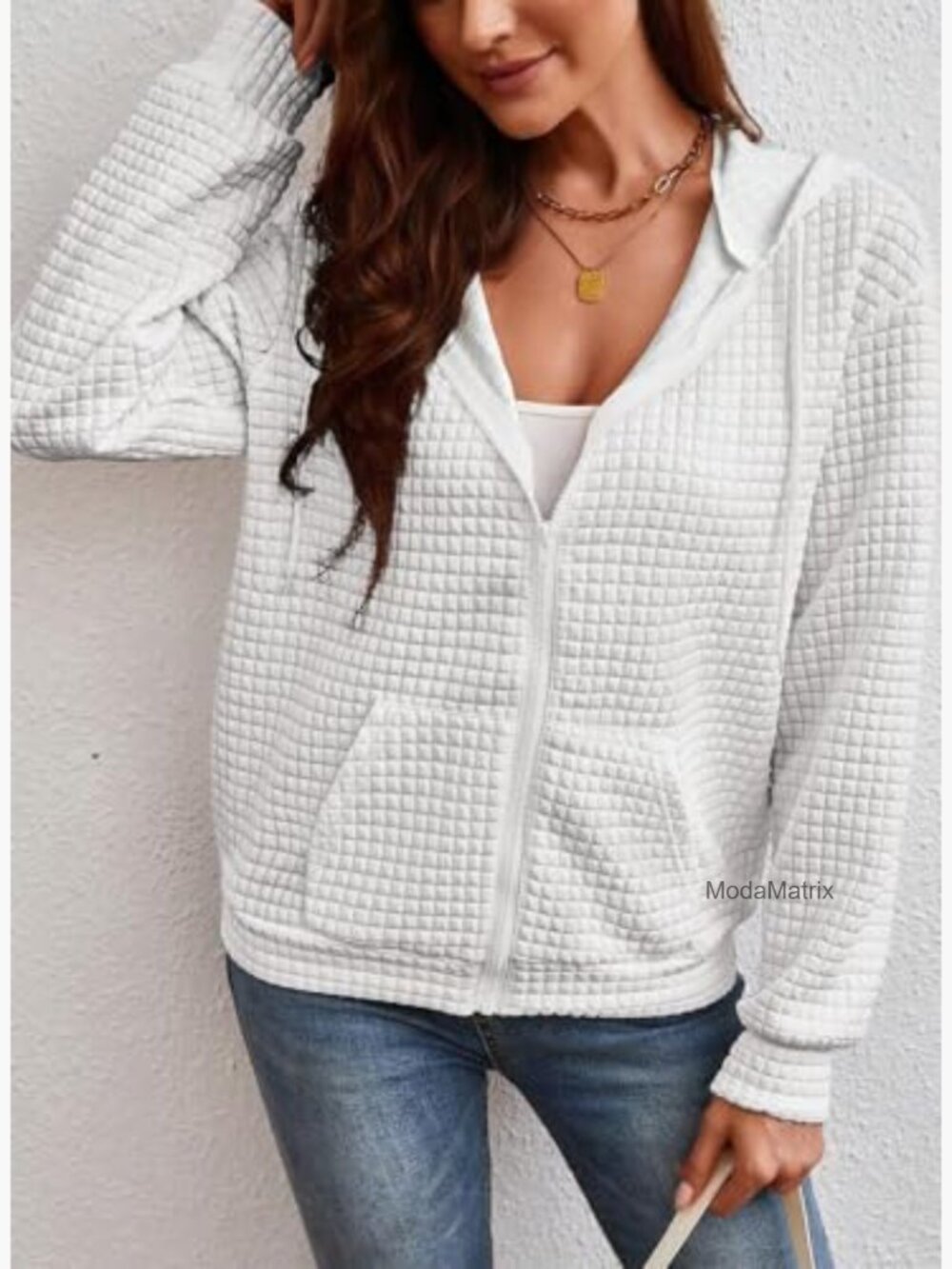 Zip Up Hoodie Oversized Waffle Sweatshirt Casual Jacket - Picture 3 of 7